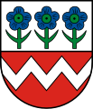 Leinstetten In geteiltem Schild oben in Silber (Weiß) drei grün bestielte und grün besamte Blüten der Leinpflanze nebeneinander, unten in Rot ein silberner (weißer) Zickzackbalken