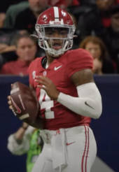 Jalen Milroe, quarterback with the University of Alabama Crimson Tide during the 2023 SEC Championship Game on December 18, 2023.