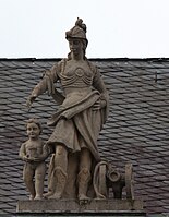 49. Militärwesen – Kriegerin, Putto mit Turm, Mörser.