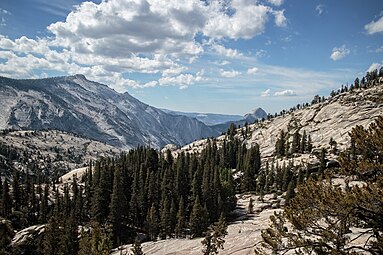 Clouds Rest is on the left, Half Dome is on the right (in the distance). Tenaya Canyon is partially visible between them.