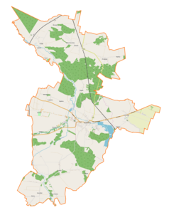 Mapa konturowa gminy Szczekociny, po prawej znajduje się punkt z opisem „Chałupki”