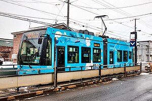 A Hakodate City Tram type 9600 at Hackodate Dock-mae station