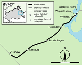 Spoorlijn Züssow - Wolgast op de kaart