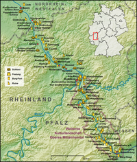 Karte des Mittelrheins mit dem Welterbegebiet