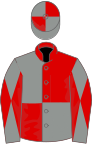 Red and grey (quartered), grey and red diabolo on sleeves, quartered cap