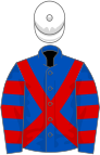 Royal blue, red cross belts, hooped sleeves, white cap