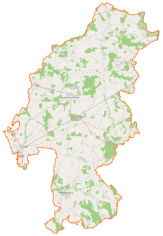 Mapa konturowa powiatu wysokomazowieckiego, po lewej znajduje się punkt z opisem „Dąbrowa-Szatanki”