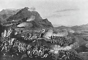 Print of upward-climbing French troops who are met with lines of British troops firing at them from the top of the ridge