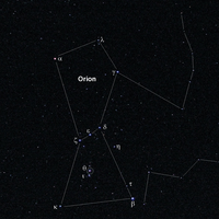 Lage des Orionnebels im Sternbild Orion, wie es mit bloßem Auge wahrgenommen werden kann (Bezeichnung der hellsten Sterne nach der Uranometria): Der Orionnebel liegt 5° südlich des mittleren der Gürtelsterne ζ, ε und δ und ist mit einem Kreis um θ Orionis gekennzeichnet.