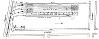 Betriebshof Britz (Bj. 1910) noch ohne Gleisschleife aber mit seitlichem Werkstatttrakt und beidseitigen Arbeitsgruben für eine spätere (nie realisierte) zweite Einfahrt