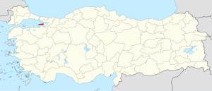 Yalova highlighted in red on a beige political map of Turkeym