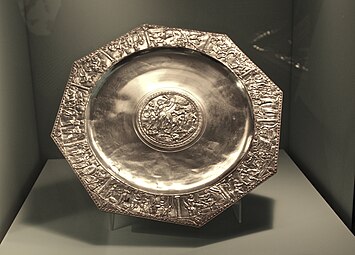 Roman egg-and-dart boarder of a plate from the silver treasure of Augusta Raurica, mid 4th century, silver, Augusta Raurica Museum, near Augusta Raurica, Switzerland[7]