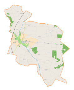 Mapa konturowa gminy Będków, blisko centrum na prawo znajduje się punkt z opisem „Wykno”