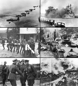 Bal fentről: * A Luftwaffe bombázói Lengyelország felett * A Schleswig-Holstein bombázza Gdańsk városát * Danzigi rendőrök a lengyel határnál * Német tankok Varsó felé * Német és szovjet tisztek kézfogása Varsó bombázása után