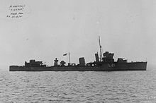 Black and white photograph showing a Royal Navy W-class destroyer at sea