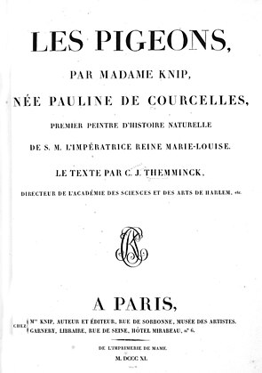 Cover page of Les Pigeons by Madame Knip. (1811) The cover is altered from C.J. Temminck's original work