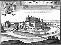 Michael Wening: „Schloß Wasentegernbach“ um 1715; im Bild links oben: Wappen der Fürstpropstei Berchtesgaden mit Mittelschild des langjährigen Fürstpropstes bzw. kurkölnischen Administrators der Fürstpropstei Joseph Clemens von Bayern rechts: Kirche St. Johannes von Süden