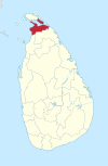 Area map of Kilinochchi District, along the northern coast of the mainland and south of the Jaffna peninsula, in the Northern Province of Sri Lanka