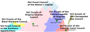 Map of Virginia with counties showing the different Girl Scout Councils