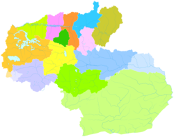 The location of Lhünzê County in Shannan City (dark blue and light blue in the middle; disputed area contained)