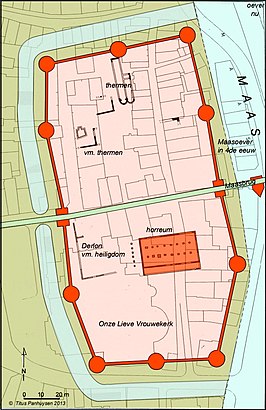 Het omgrachte castellum, de Via Belgica, de Maas en een deel van de Romeinse brug (rechts), getekend door stadsarcheoloog Titus Panhuysen en gebaseerd op de opgravingsresultaten