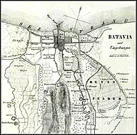 Stadtplan von Batavia, veröffentlicht im Jahr 1846. – Das Hospital, etwas rechts von der Mitte der Karte, war Junghuhns erster Arbeitsplatz.[44]