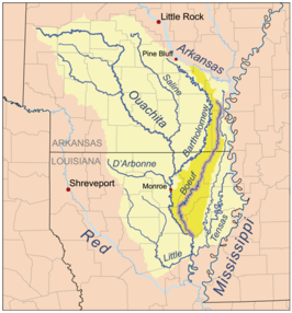 de loop van de Bayou Bartholomew vrijwel parallel aan de Boeuf