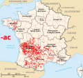 Verbreitung der französischen Ortsnamen auf -ac, die sich wahrscheinlich aus -acum entwickelt haben.
