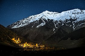 Illuminated towers in Mestia