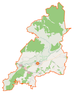 Mapa konturowa gminy Goniądz, blisko centrum na dole znajduje się punkt z opisem „Goniądz”