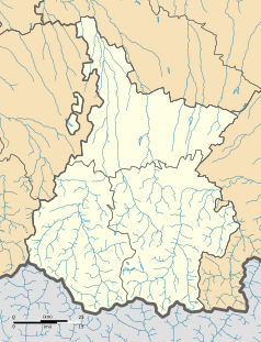 Mapa konturowa Pirenejów Wysokich, na dole nieco na prawo znajduje się punkt z opisem „Saint-Lary-Soulan”