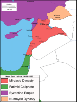 1050-1060 yılları arasında, Mirdasoğulları ve komşularını gösteren bir harita.