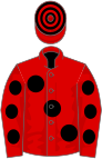 RED, large black spots, black spots on sleeves, hooped cap