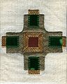 Appliqué cross. The edges are covered and stitches are hidden. It is overlaid with decorative gold thread.