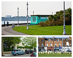 Clockwise from top: Clontarf promenade; businesses along the promenade; Mount Prospect Avenue, Clontarf