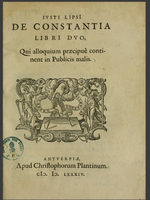 Titelpagina van De constantia libri duo van Justus Lipsius.