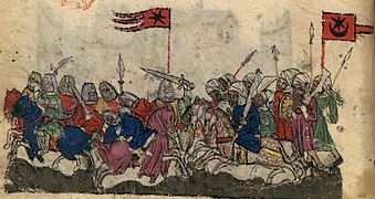 Yermük Muharebesi'nde Saracen tarafında bir yıldız ve hilal bayrağı tasviri (Tatarların Tarihi'nin el yazması illüstrasyonu, Katalan atölyesi, 14. yüzyılın başları).