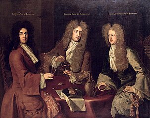 Godfrey Kneller: Kingston, Burlington und Berkeley (Evelyn Pierrepont, 1. Duke of Kingston-upon-Hull (um 1655–1726); Charles Boyle, 2. Earl of Burlington (1660–1704); John Berkeley, 3. Baron Berkeley of Stratton (1663–1697)), ca. 1690–1697