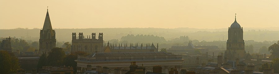 Oxford looking south from the University Church of St Mary the Virgin in the centre of the city – the spire on the left is Christ Church Cathedral and Tom Tower is on the right.