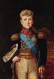 Three-quarters length painted portrait of the pre-adolescent Pedro in gold-embroidered tunic with sash of office and hat tucked under his right arm and left hand resting on the pommel of his sword