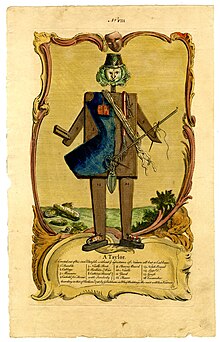 Caricature, 1746: A tailor made from his own tools, including irons for feet, a thimble for a hat, a cabbage for a head and scissors for genitals