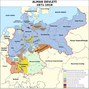 1891 yılında birleşik Alman İmparatorluğu'nın birer parçası hâline 26 bölgeyi gösteren orta Avrupa siyasî haritası.