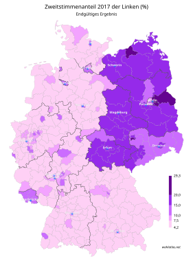 Die Linke ﻿4,2 – 7,5 % ﻿> 7,5 – 10 % ﻿> 10 – 15 % ﻿> 15 – 20 % ﻿> 20 – 29,3 %