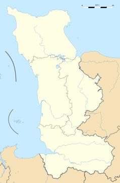 Mapa konturowa Manche, blisko dolnej krawiędzi nieco na prawo znajduje się punkt z opisem „Saint-Brice-de-Landelles”