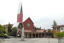 Heliga Ljusets kyrka (The Holy Light Church) and the small Centrum plaza.