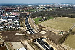 Het ecoduct in aanleg, over de A74 in aanleg