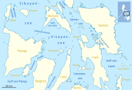 De Masbate Pass ligt direct ten noorden van Masbate, ongeveer in het midden van de kaart vrijwel bovenin. (kaart vergroot bij aanklikken)