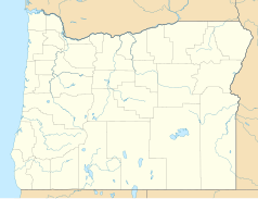 Mapa konturowa Oregonu, po lewej nieco na dole znajduje się punkt z opisem „Roseburg”