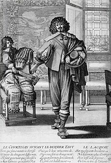 Ein Edelmann wechselt seine prächtigen Gewänder gegen einfachere nach dem Kleider-Edikt von 1633 (Stich von Abraham Bosse).