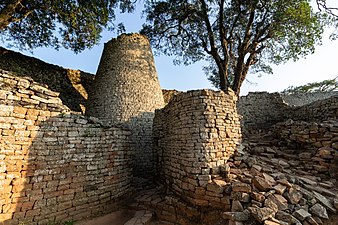 The conical tower inside the Great Enclosure in Great Zimbabwe, a medieval city built by a prosperous culture, unknown architect, c.11th–14th century